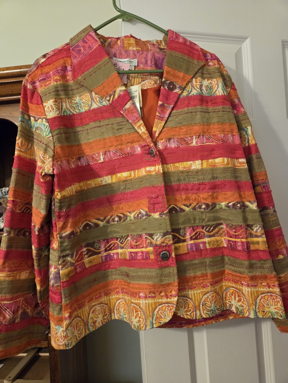 Coldwater Creek Striped Applaque Blazer in Pink, Orange and Olive Size Large NWT